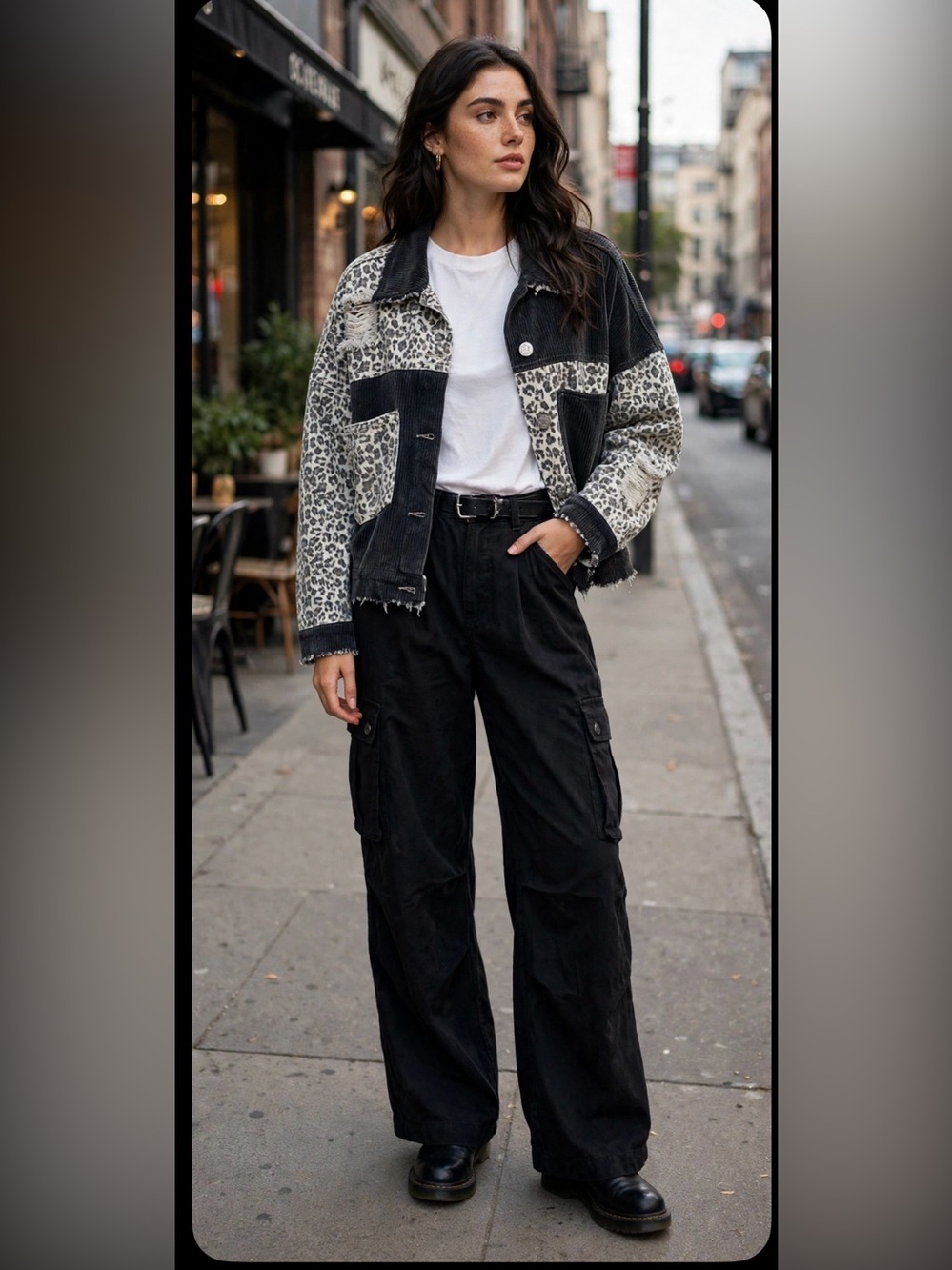 POL Leopard Print Black Corduroy Patchwork Distressed Cropped Denim Jacket S